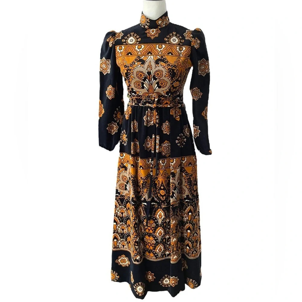 Malcolm Starr By Rizkallah Rare 70s Black Velvet Graphic Boho Maxi Dress Gown